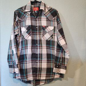 Vtg Ely Plains Green Plaid Pearl Snap L Sleeve Western Cowboy Shirt Sz M 15.5